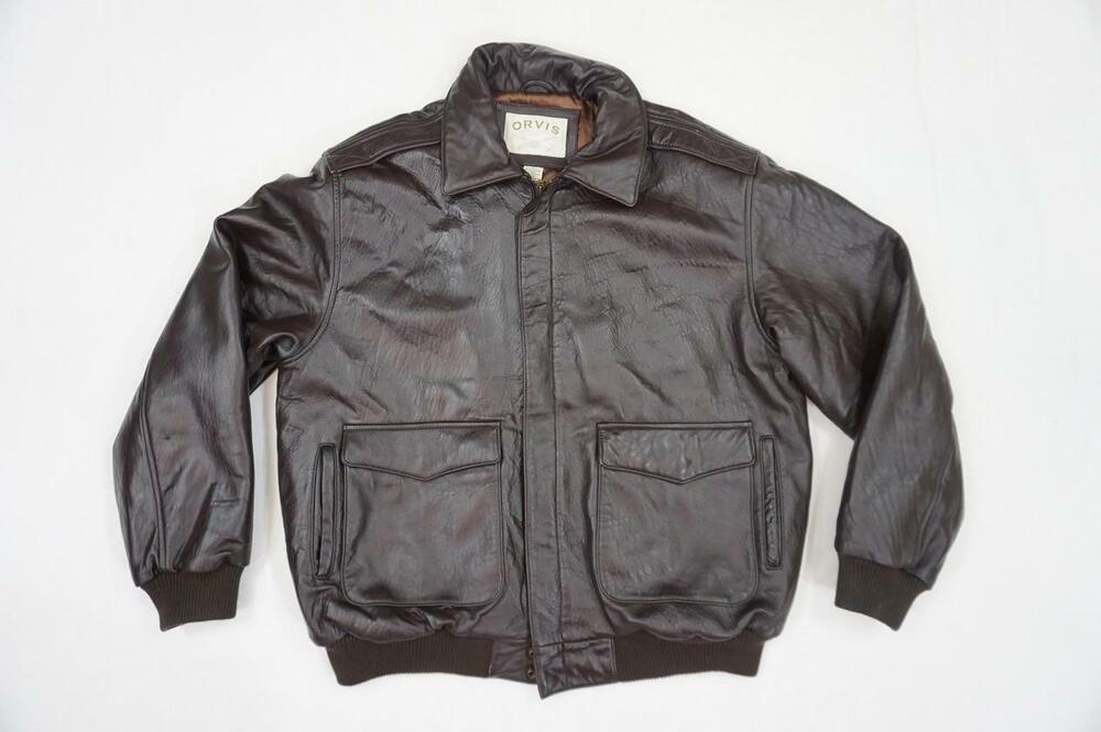 ORVIS USED MEN L BROWN LEATHER BOMBER/FLIGHT STYLE JACKET/FISHERMAN